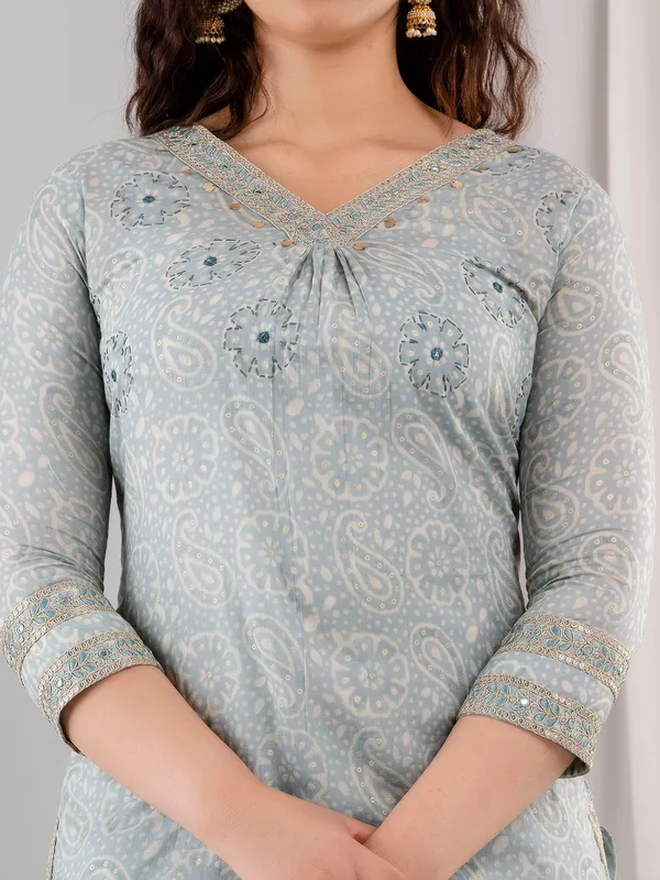 Printed stone blue cotton kurti set