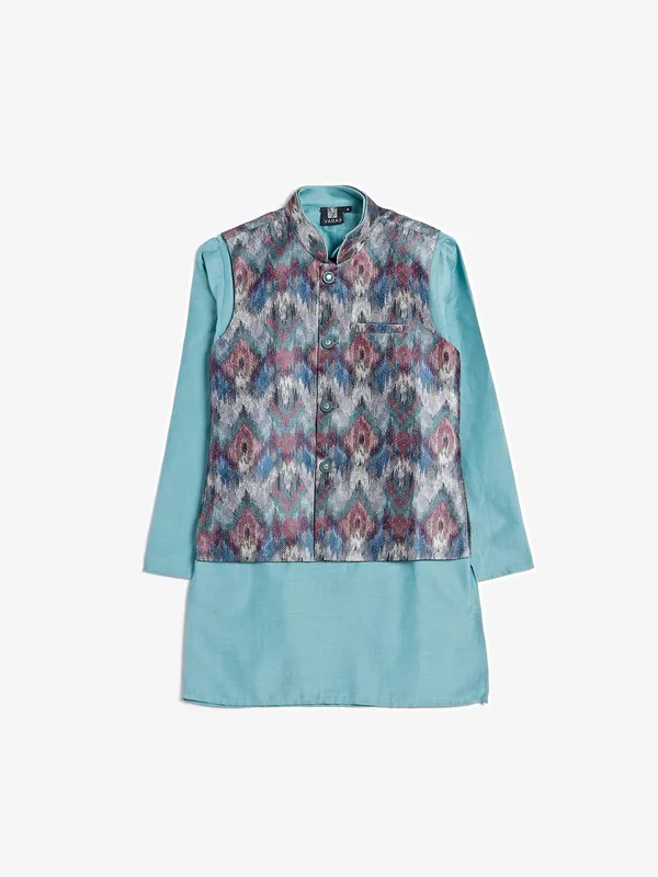 Printed stone blue silk waistcoat set