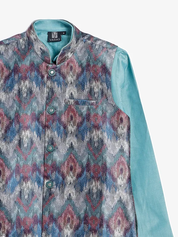 Printed stone blue silk waistcoat set