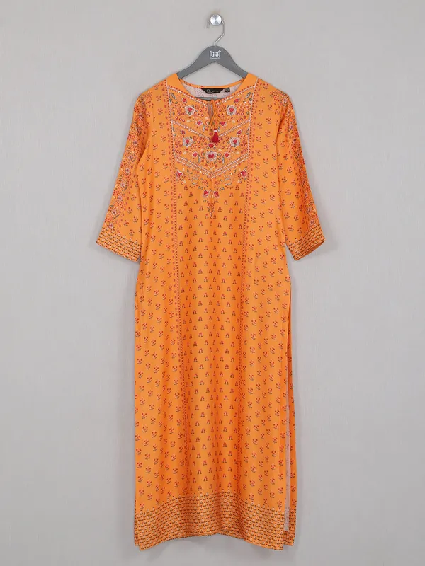 Printed style carrot orange shade cotton silk kurti
