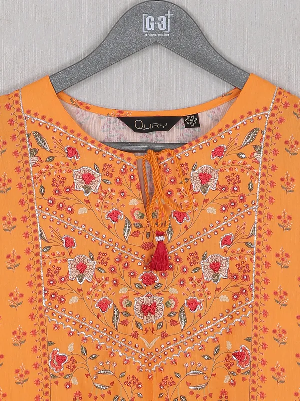 Printed style carrot orange shade cotton silk kurti