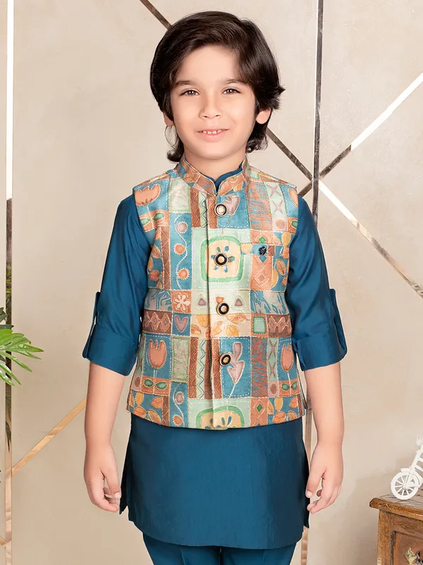Printed stylish indigo blue waistcoat set for boys