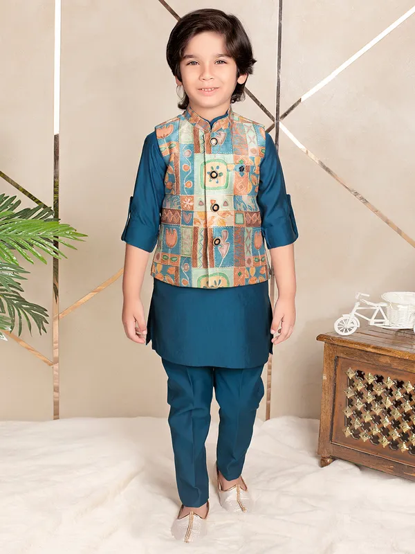 Printed stylish indigo blue waistcoat set for boys