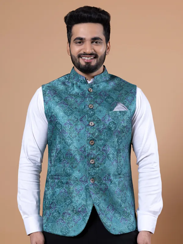 Printed teal blue silk waistcoat