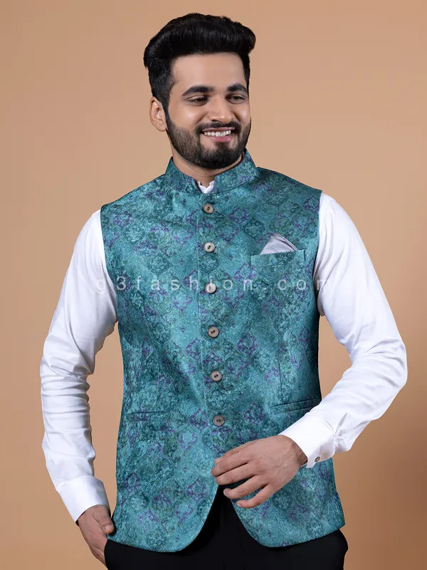 Printed teal blue silk waistcoat