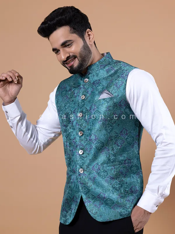 Printed teal blue silk waistcoat