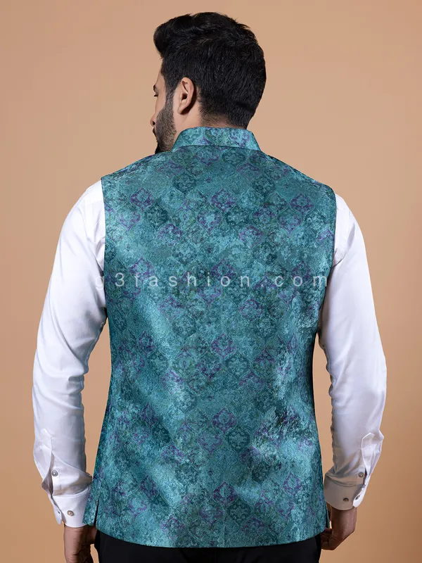 Printed teal blue silk waistcoat