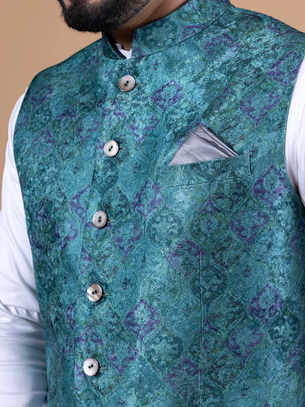 Printed teal blue silk waistcoat