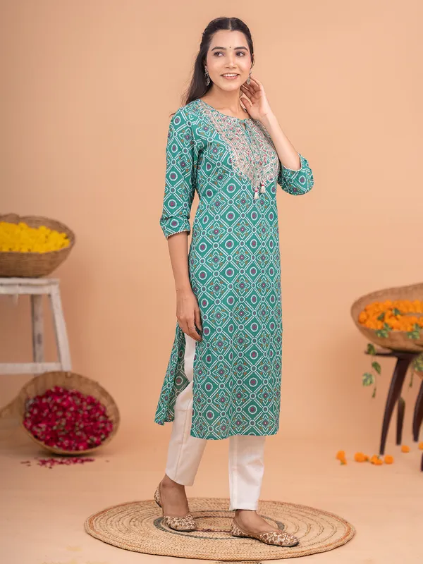 Printed teal green cotton kurti