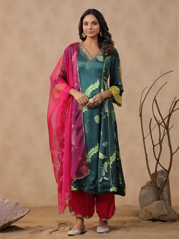 Printed teal green kurti set in silk