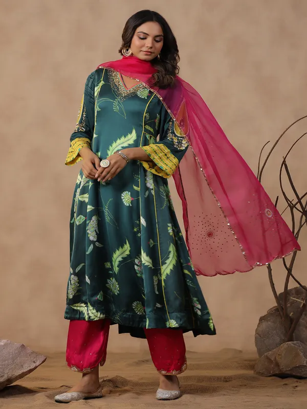 Printed teal green kurti set in silk