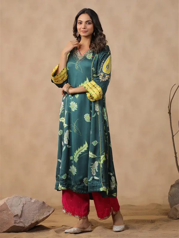 Printed teal green kurti set in silk