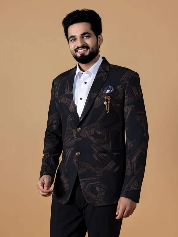 Printed terry rayon blazer in black