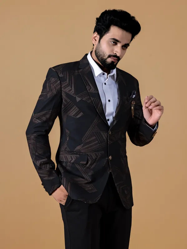 Printed terry rayon blazer in black
