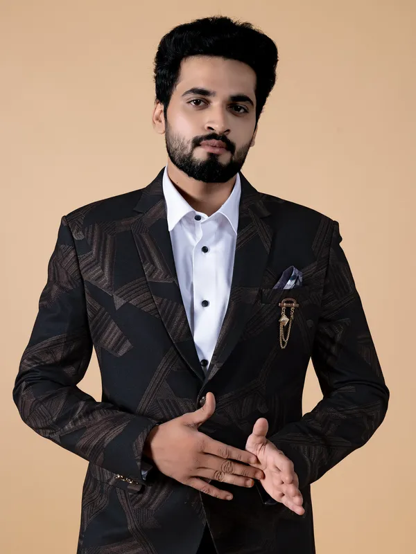 Printed terry rayon blazer in black