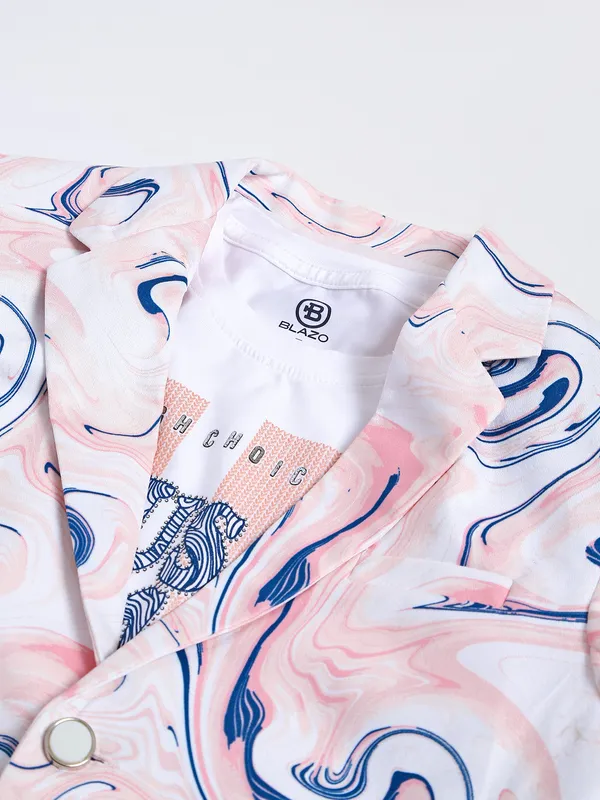 Printed terry rayon blazer in peach
