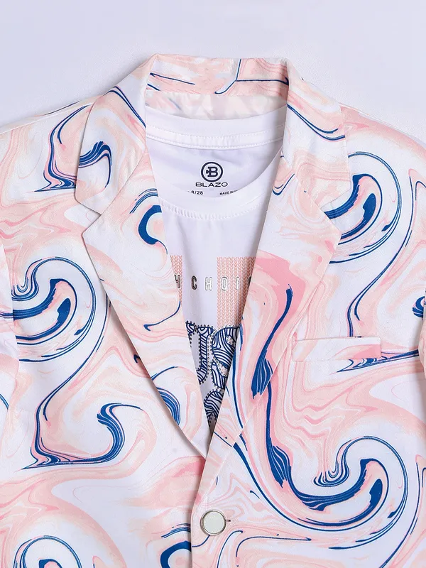 Printed terry rayon blazer in peach