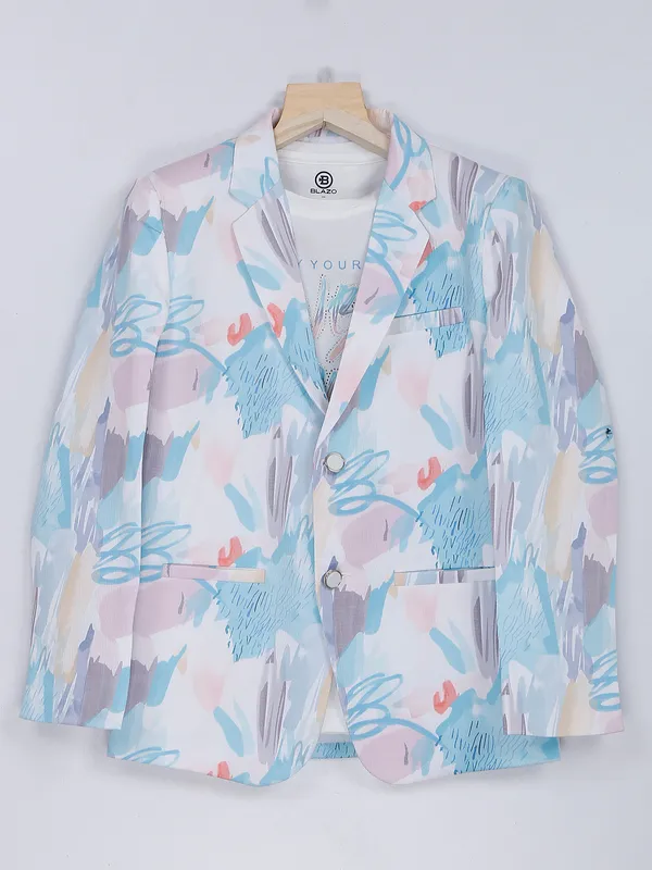 Printed terry rayon blazer in white