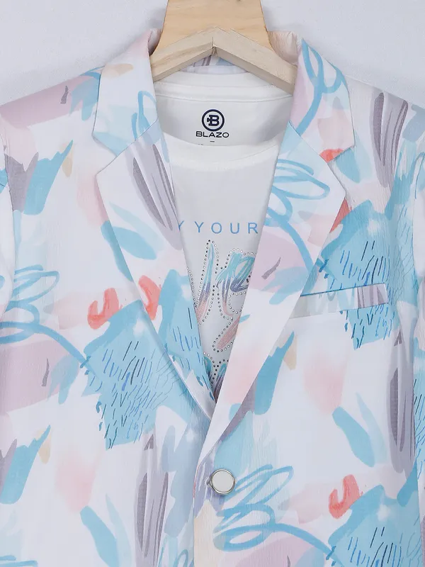 Printed terry rayon blazer in white
