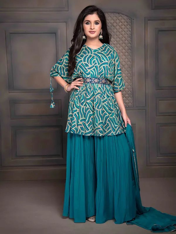 Printed turquoise blue silk palazzo set