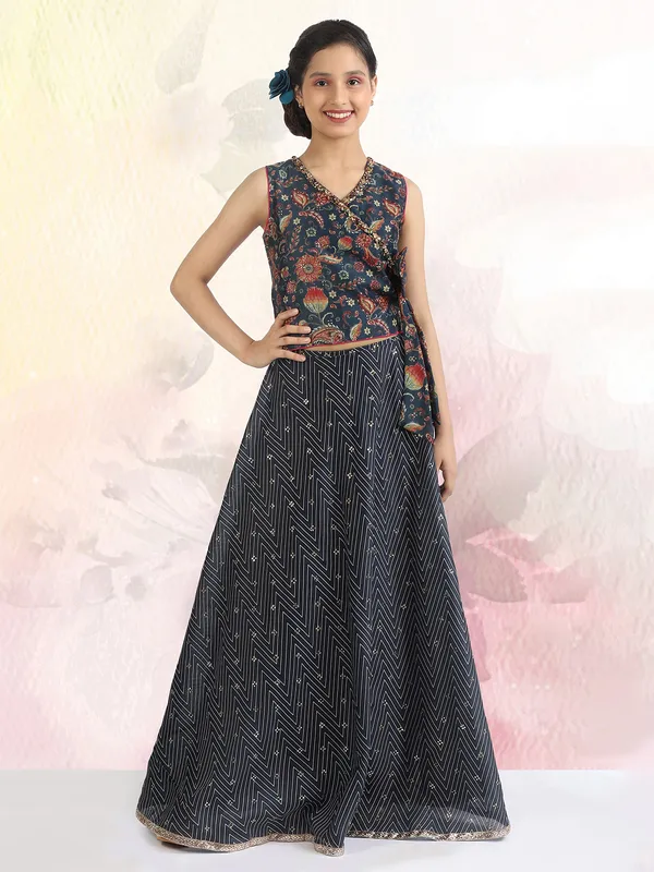 Printed wedding events stone blue hue lehenga choli in georgette
