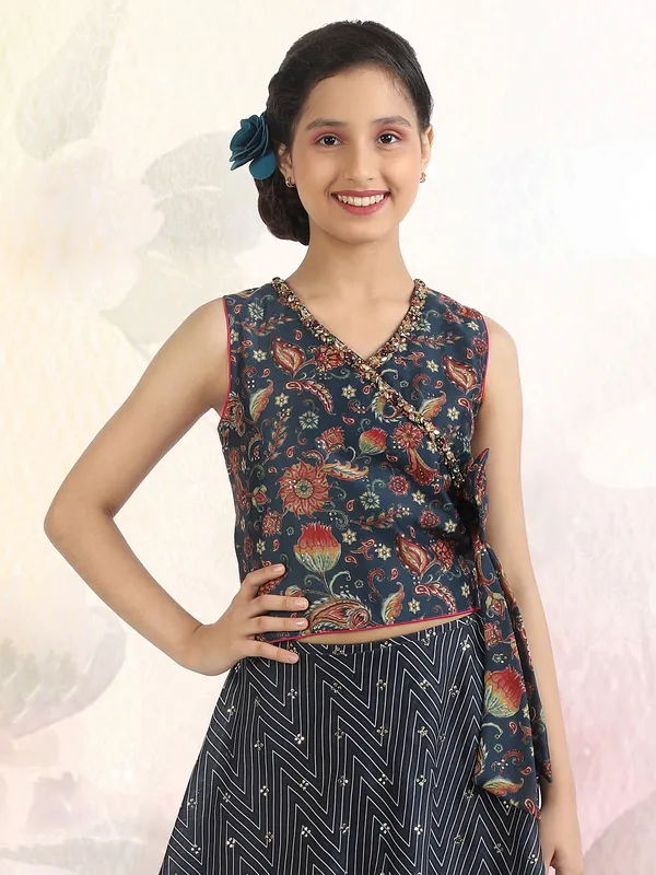 Printed wedding events stone blue hue lehenga choli in georgette