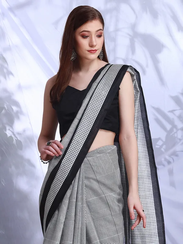 Printed white and black bhagalpuri silk saree