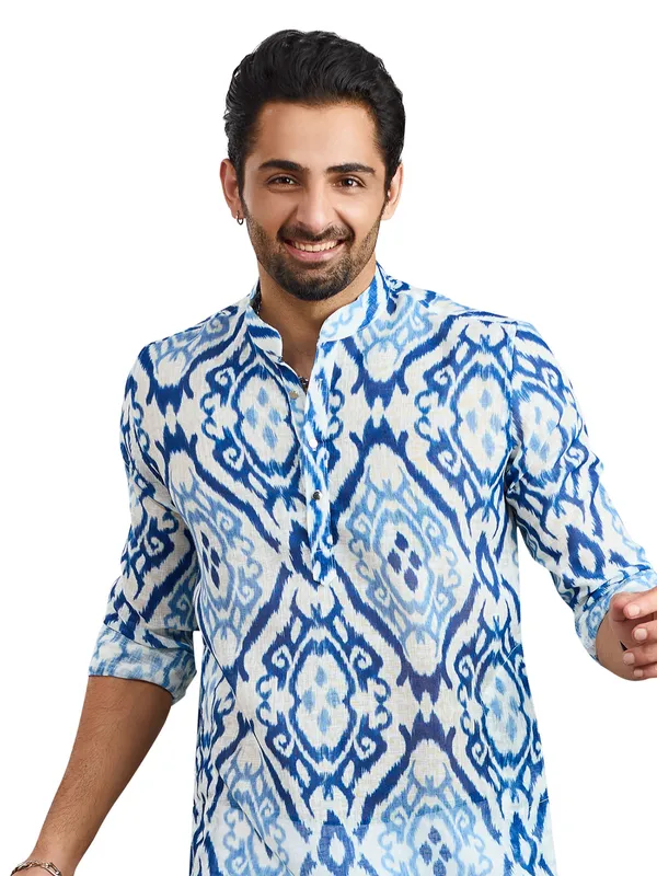 Printed white and blue festive kurta