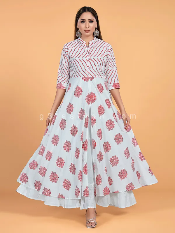 Printed white and maroon cotton long kurti