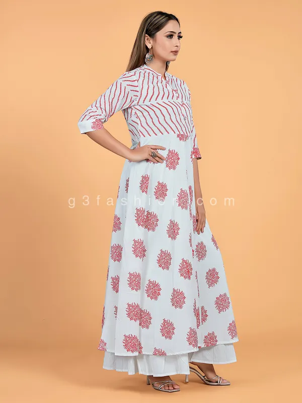 Printed white and maroon cotton long kurti