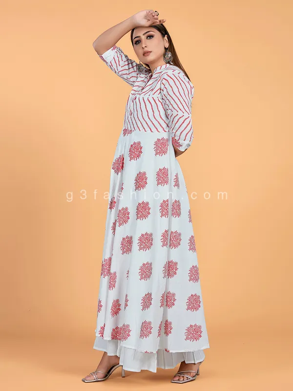Printed white and maroon cotton long kurti
