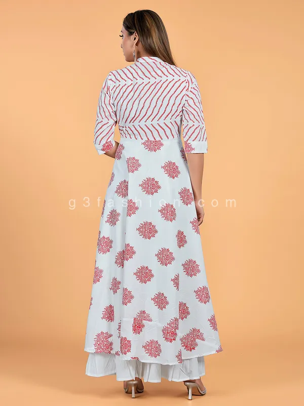 Printed white and maroon cotton long kurti