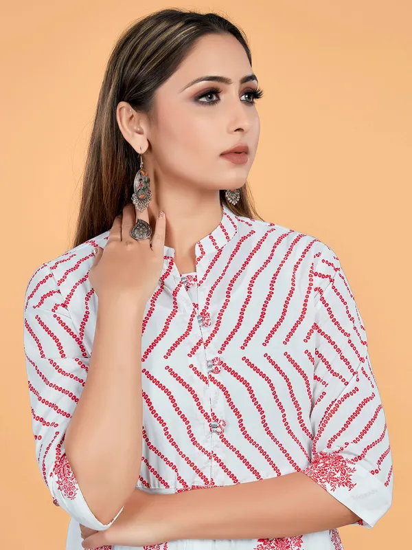Printed white and maroon cotton long kurti