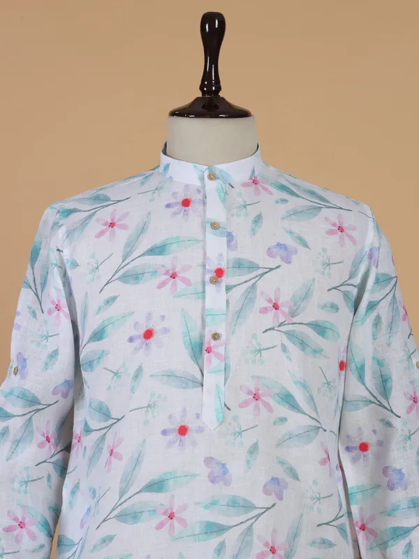 Printed white cotton kurta set with multicolor prints