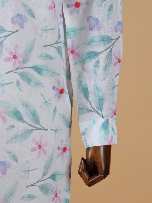 Printed white cotton kurta set with multicolor prints