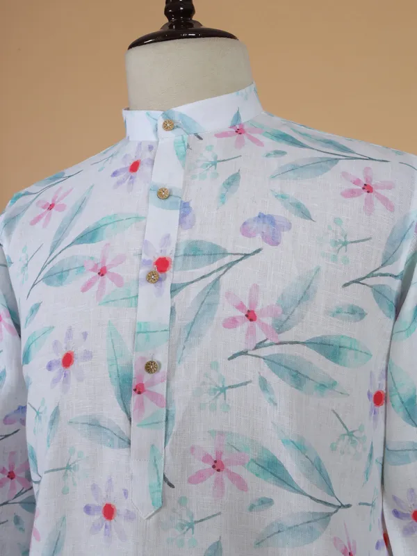 Printed white cotton kurta set with multicolor prints