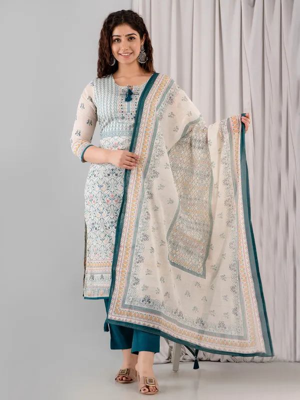 Printed white cotton kurti set for casual