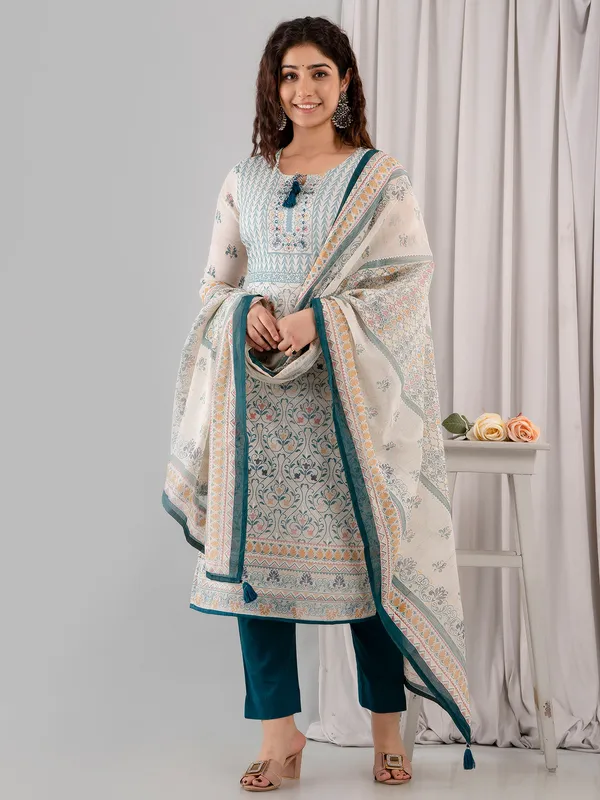 Printed white cotton kurti set for casual