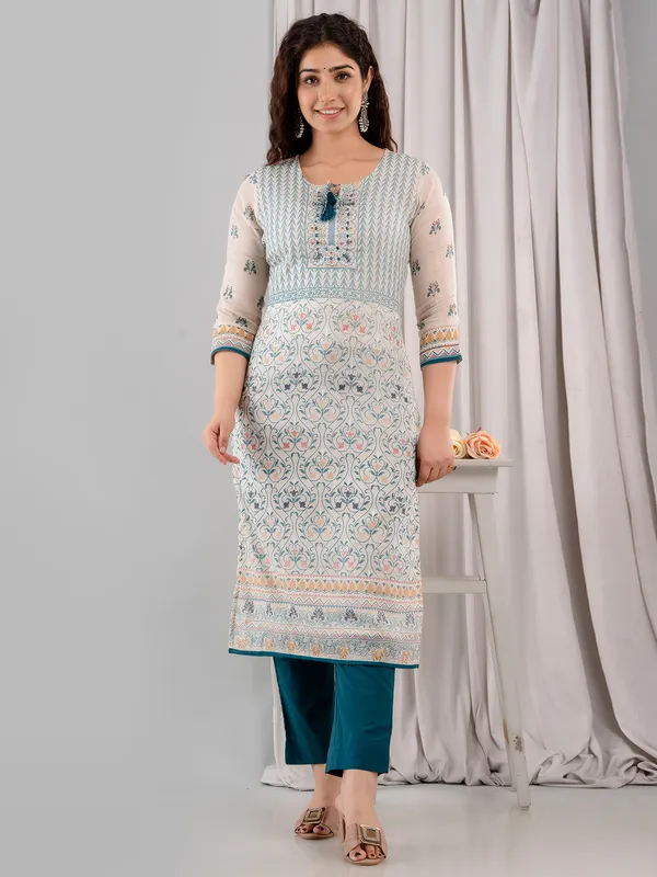 Printed white cotton kurti set for casual