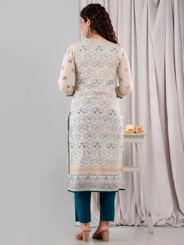 Printed white cotton kurti set for casual