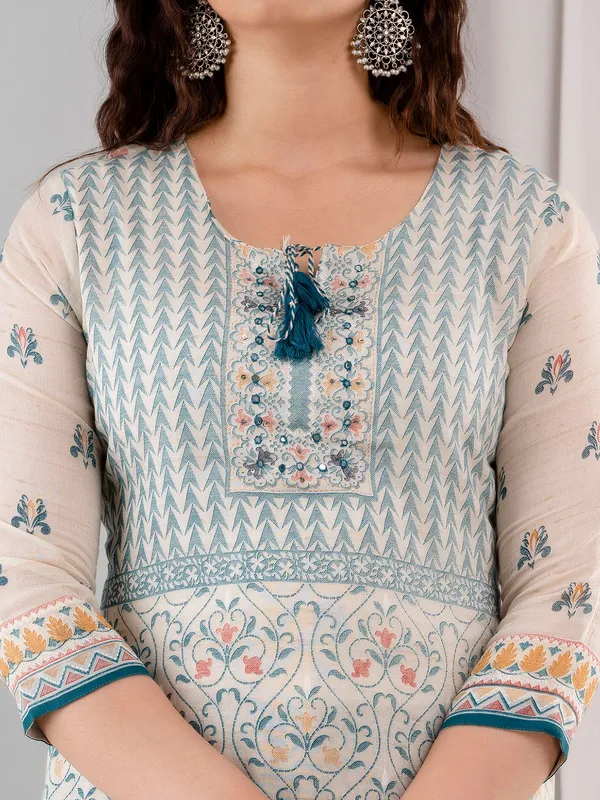 Printed white cotton kurti set for casual