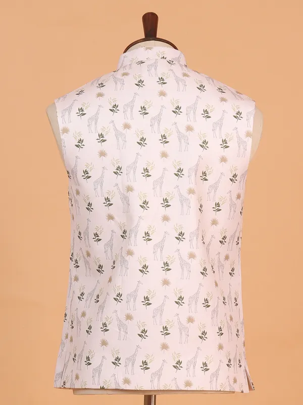 Printed white cotton silk wedding wear waistcoat for men