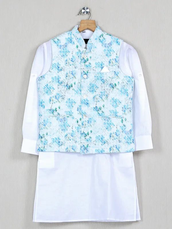 Printed sky blue festive wear waistcoat set for boys
