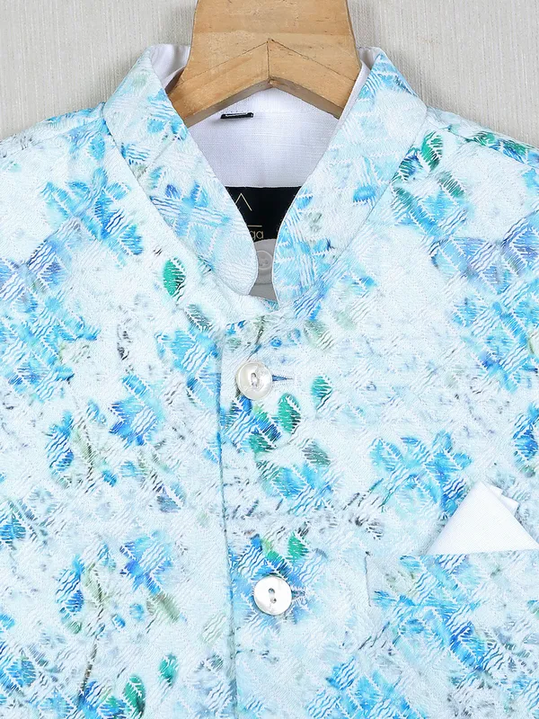 Printed sky blue festive wear waistcoat set for boys