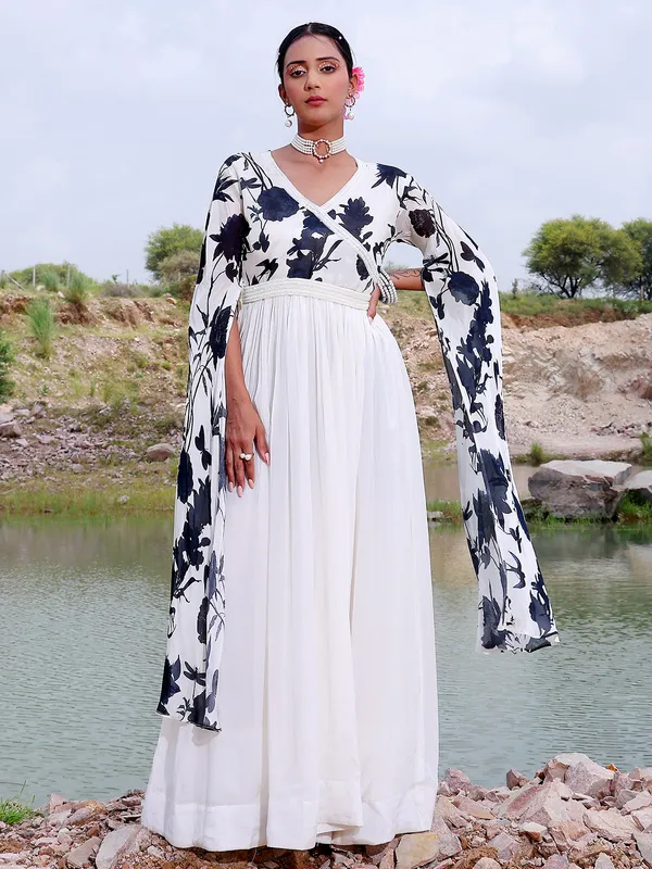 Printed white georgette floor length suit