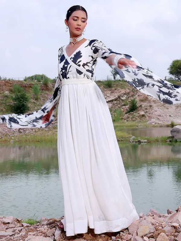 Printed white georgette floor length suit