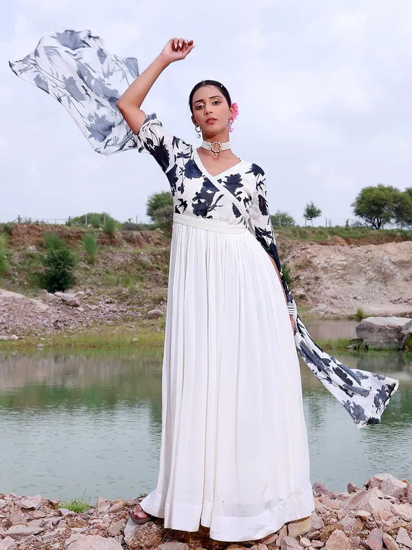 Printed white georgette floor length suit