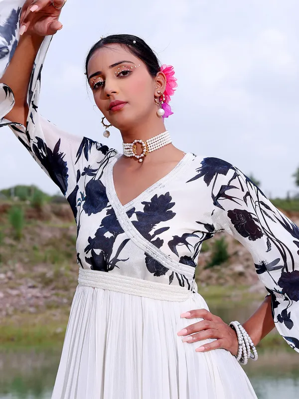 Printed white georgette floor length suit