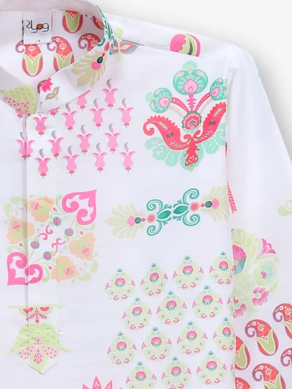 Printed white kurta suit for boys in cotton