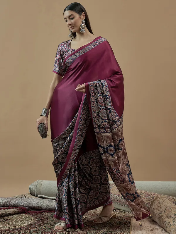 Printed wine japan satin saree